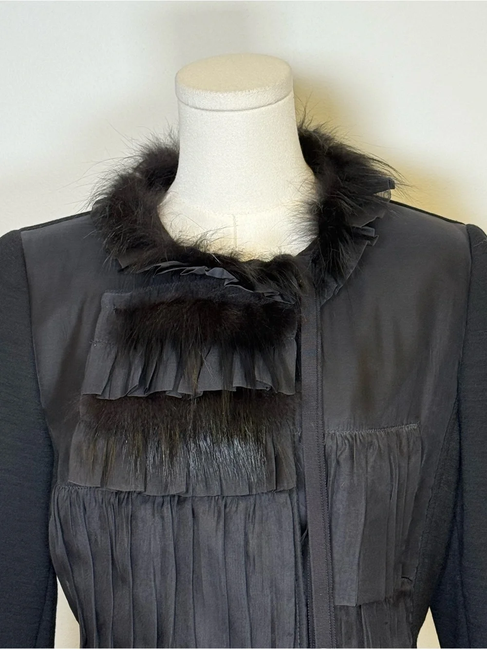 Rare! Vintage Elie TAHARI Silk & Wool Jacket Fox Fur Trim Women’s Size Medium